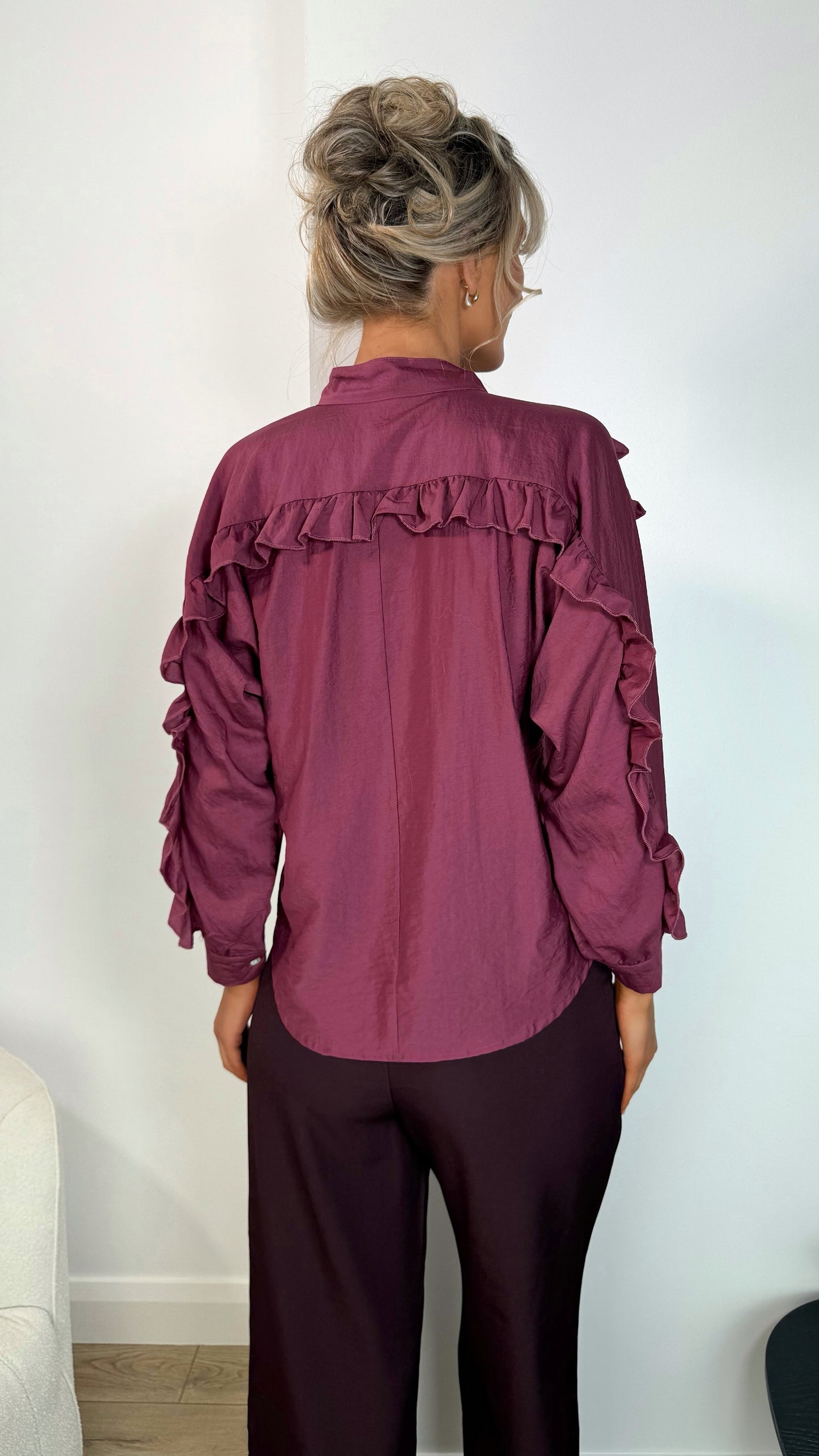 Norah Bowknot Blouse with Ruffle Sleeves - Burgundy