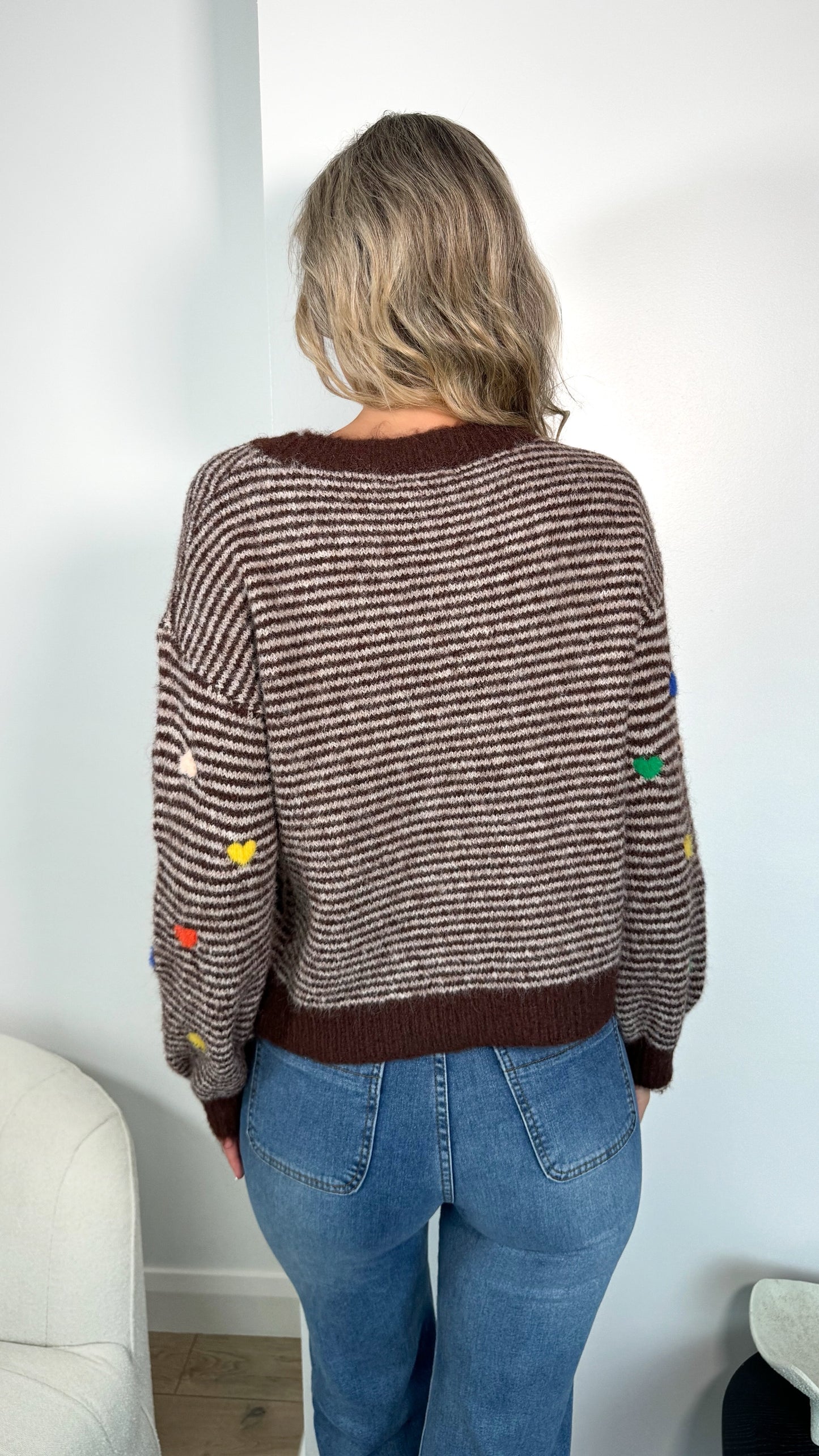 Helen heart print stripped jumper - Brown