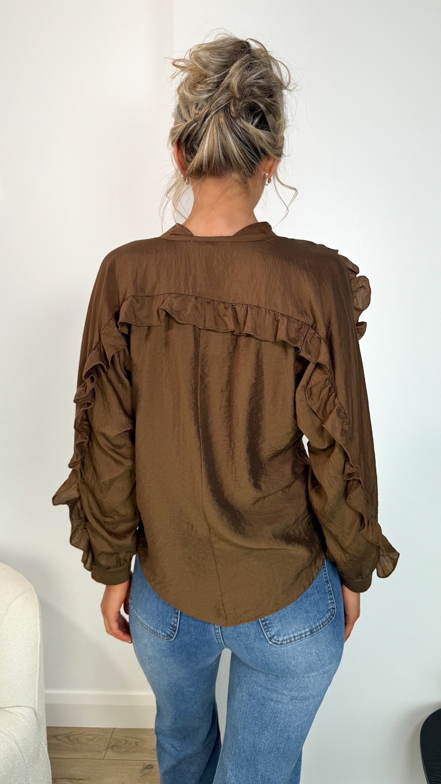 Norah Bowknot Blouse with Ruffle Sleeves - Brown