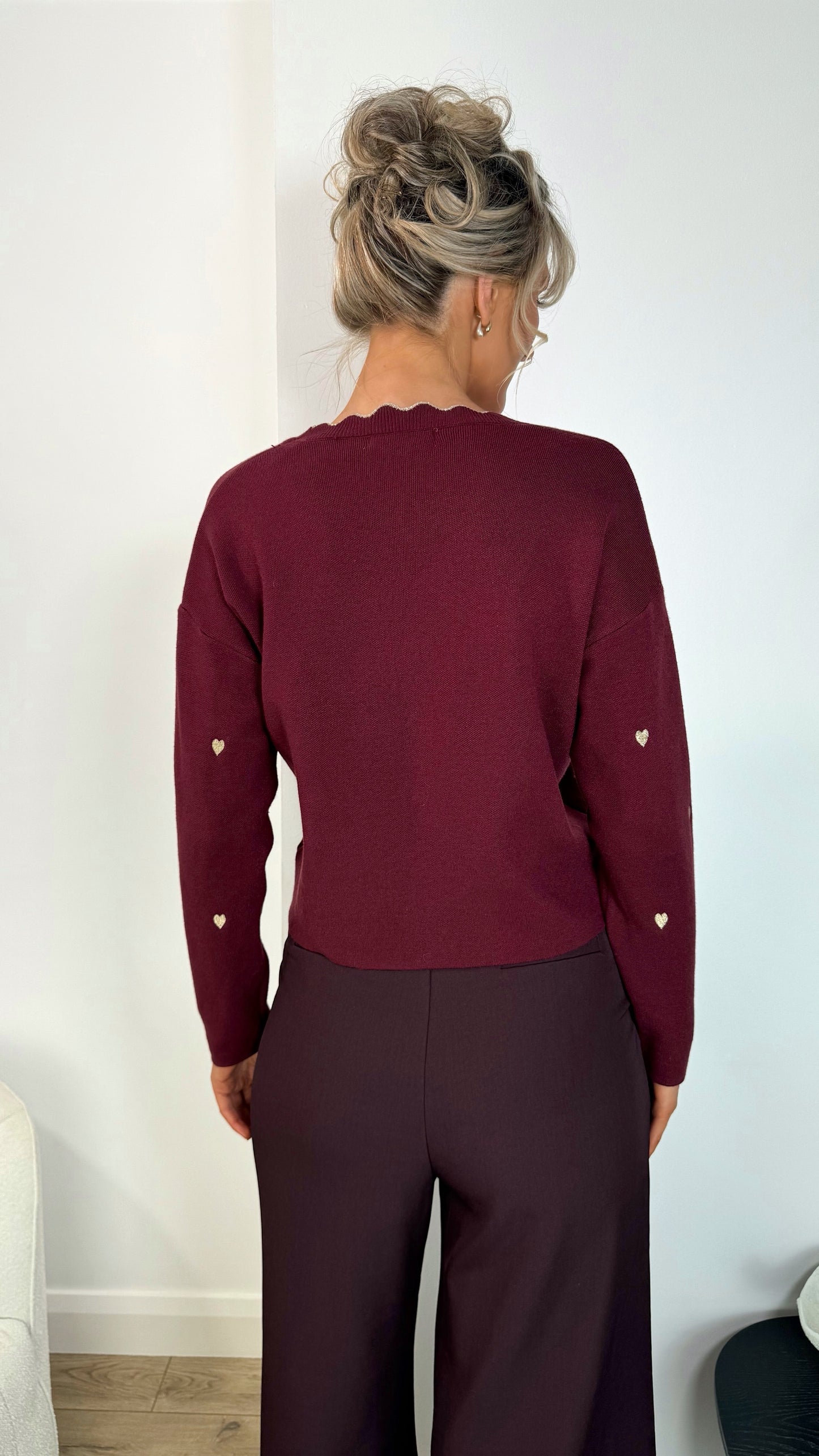 Olivia Heart Print Button Down Cardigan - Burgundy