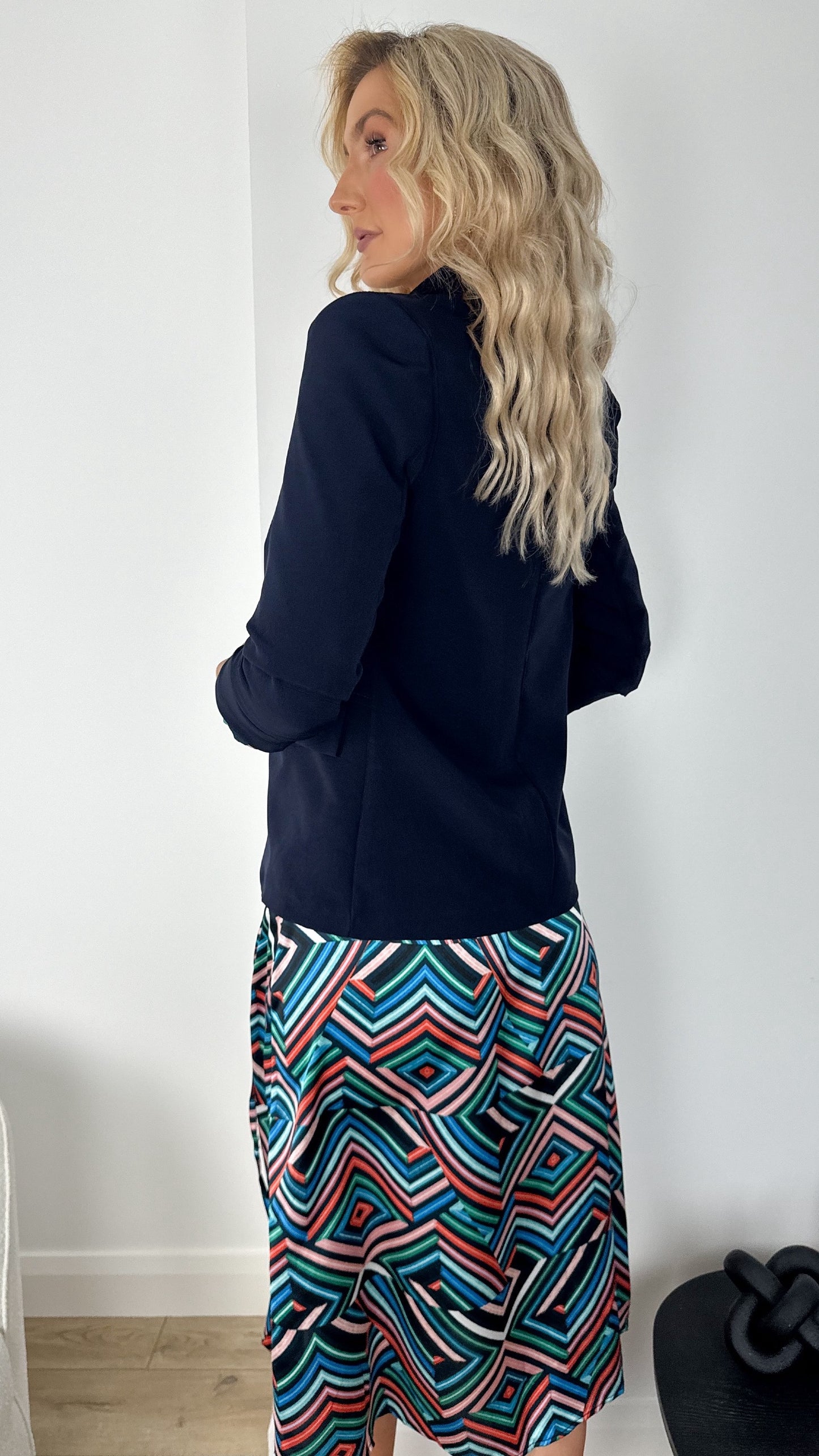 Sinead Slim Open Blazer with Ruched Sleeves - Navy