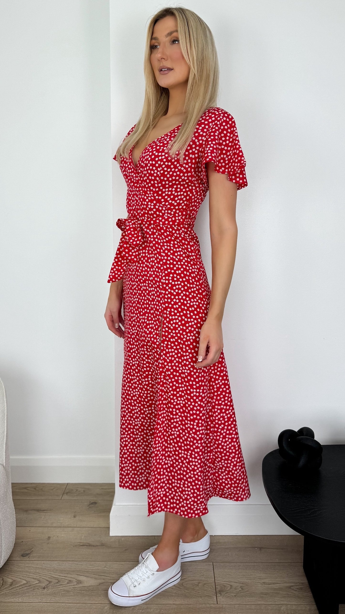 Kirsty Wrap Floral Dress with Slit - Red