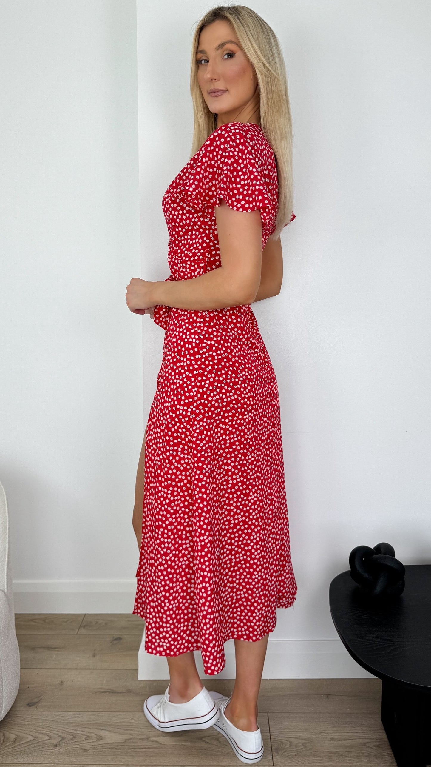 Kirsty Wrap Floral Dress with Slit - Red