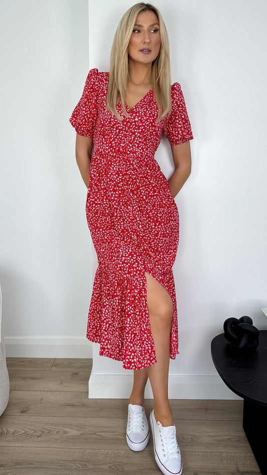 Lucy Floral Print Dress - Red