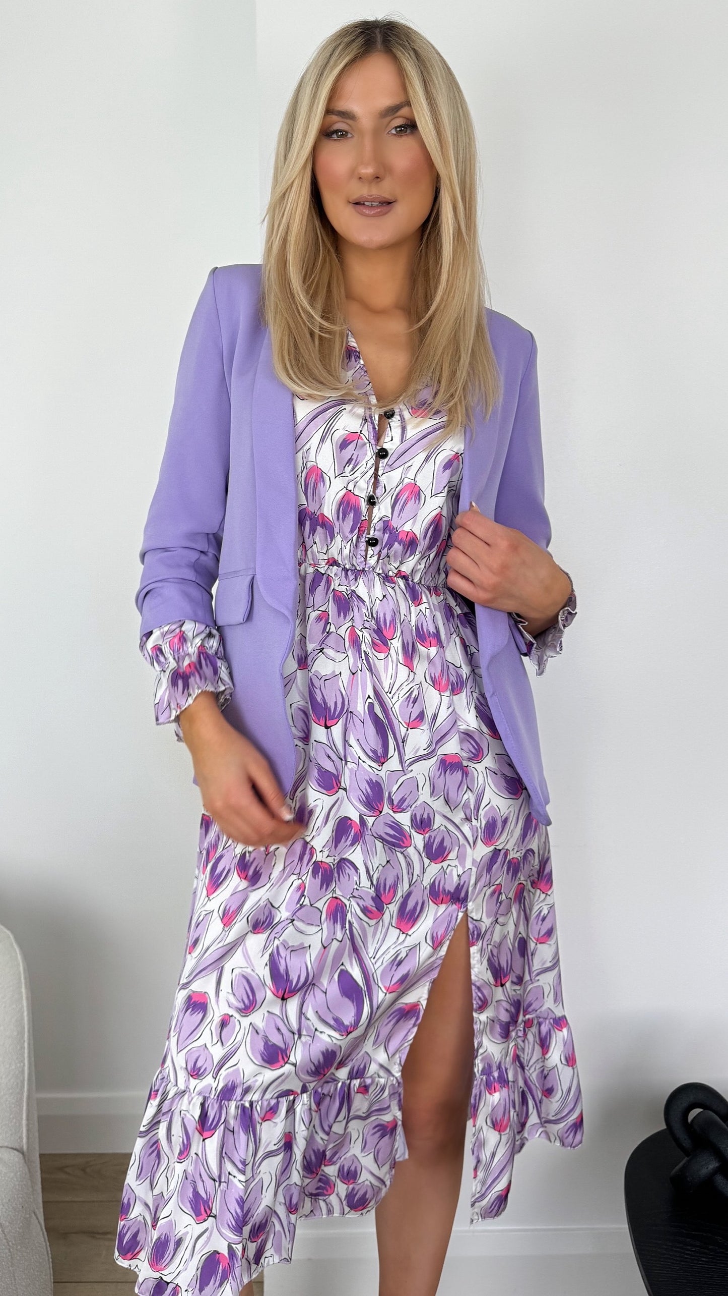 Sinead Slim Open Blazer with Ruched Sleeves - Lilac