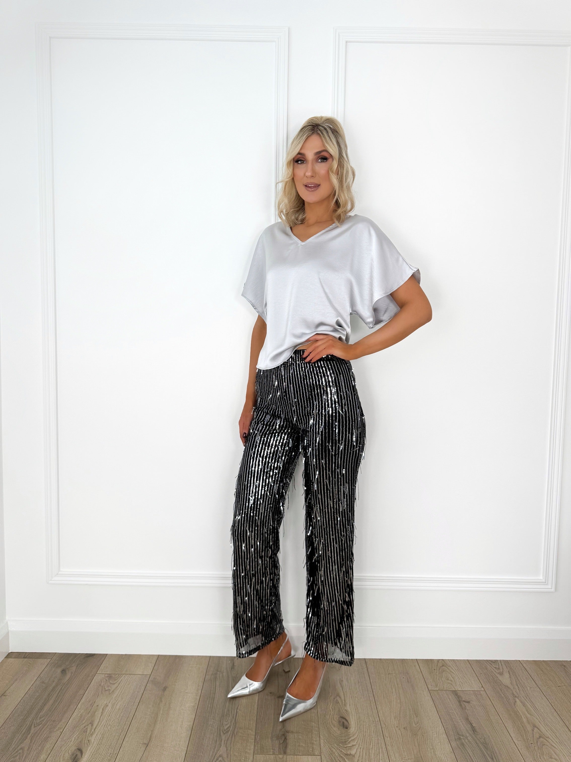 Cherras Tailored Trousers with Gold Sequin Side Stripes & Front Pleats by Part Two - Black