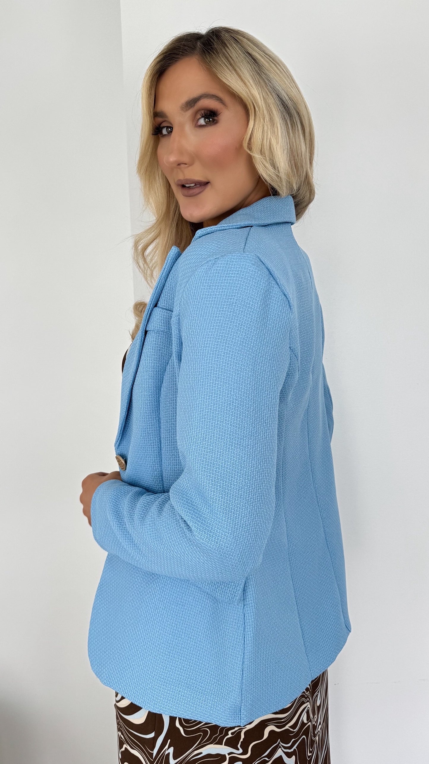 Sonya Single Breasted Blazer with Gold Button - Sky Blue