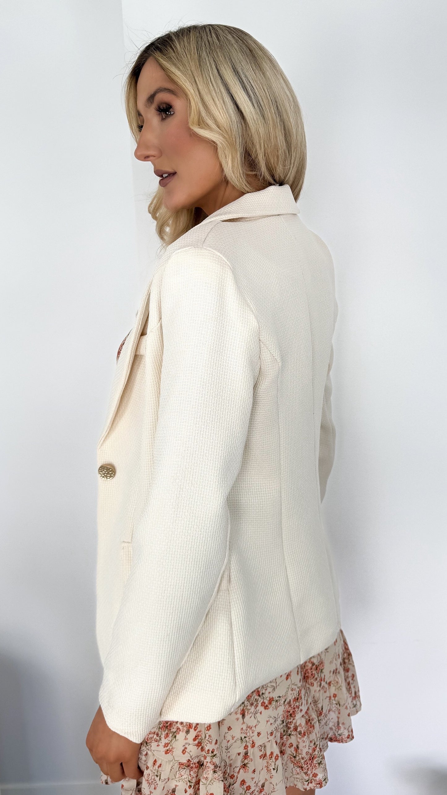 Sonya Single Breasted Blazer with Gold Button - Beige
