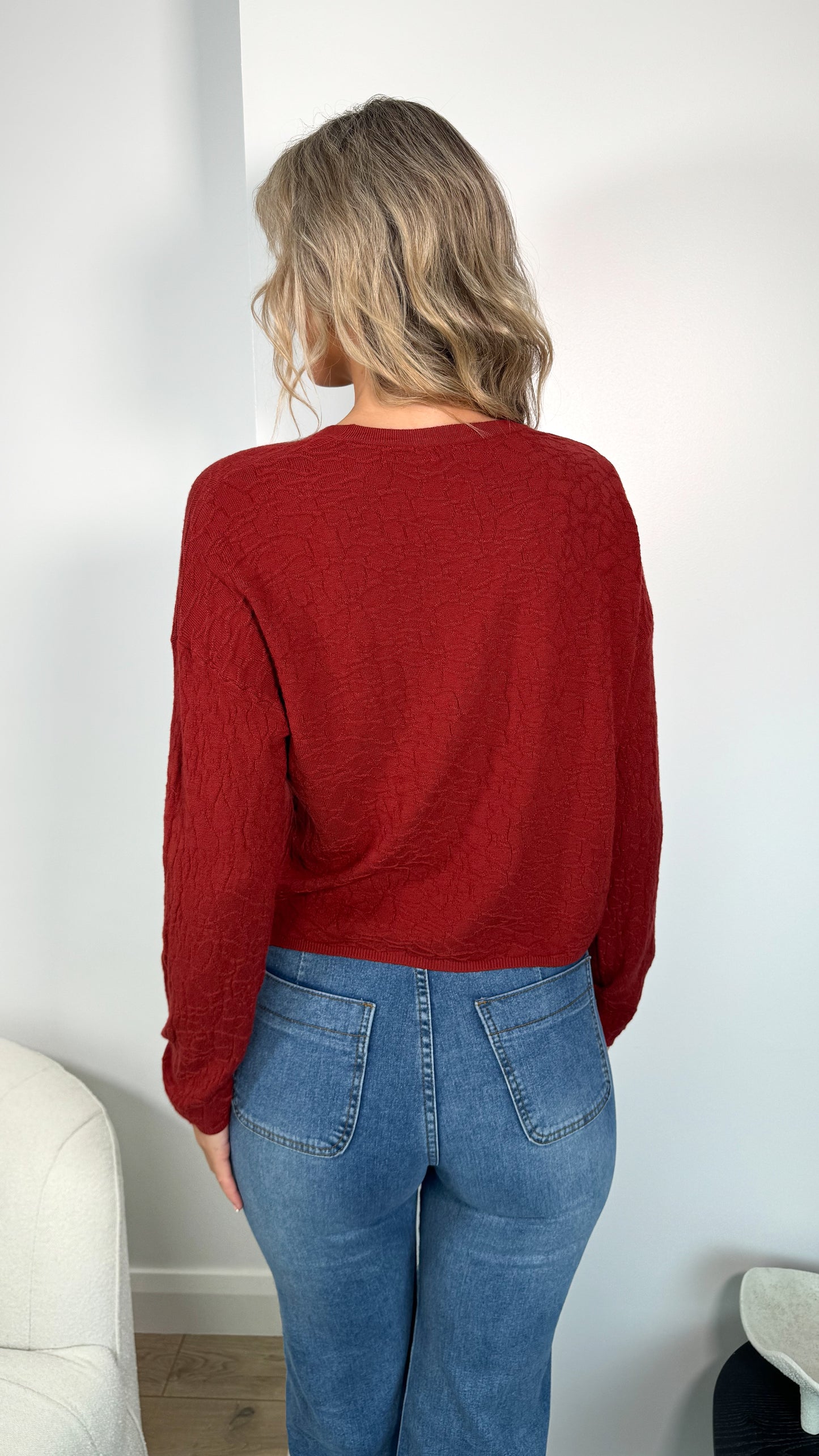 Rob Long Sleeved Pattern Knit Top - Red
