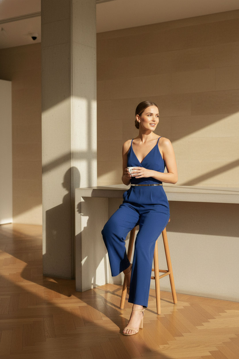 Mia V Neck Spaghetti Strap Jumpsuit - Navy