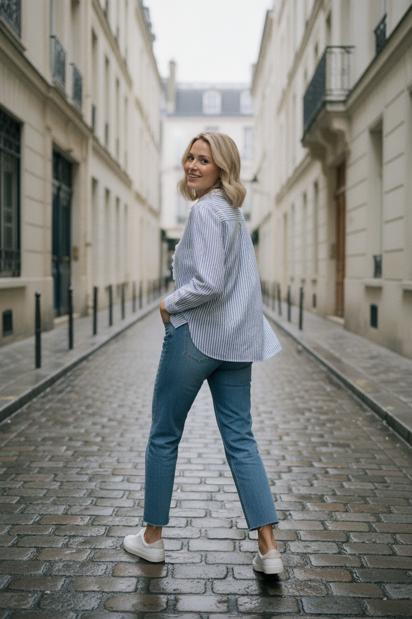 Liz Striped Shirt with Broderie Details - Blue