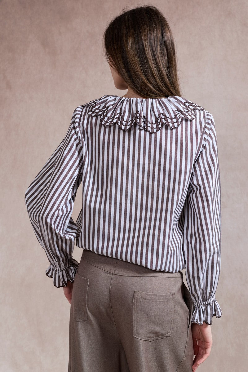 Emily Striped Shirt with Ruffle Collar - Brown