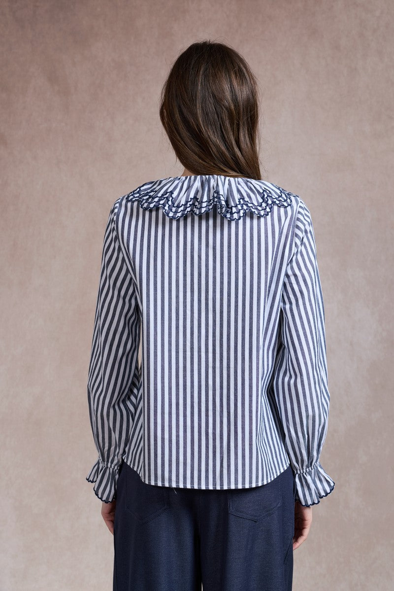 Emily Striped Shirt with Ruffle Collar - Navy