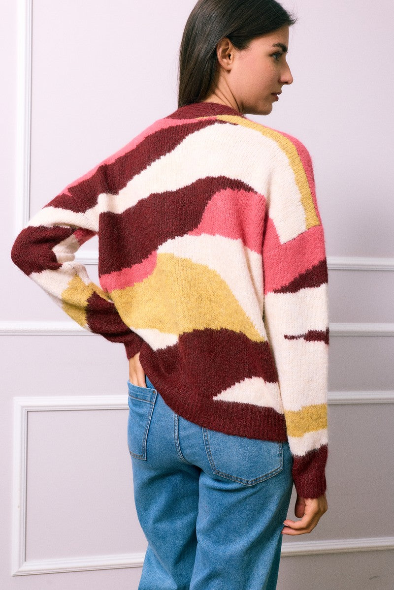 Val Printed Button Down Cardigan - Burgundy