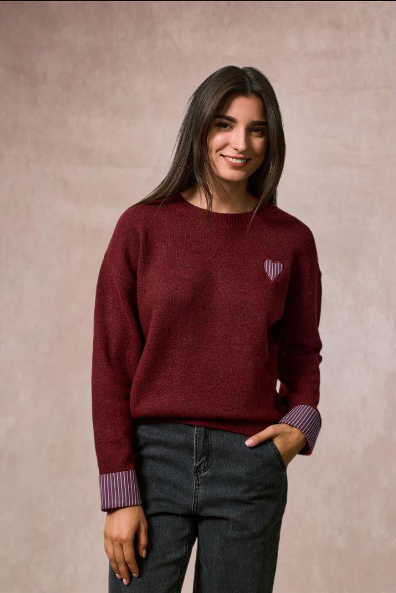 Aoife Knit Sweater with Check Prints - Burgundy