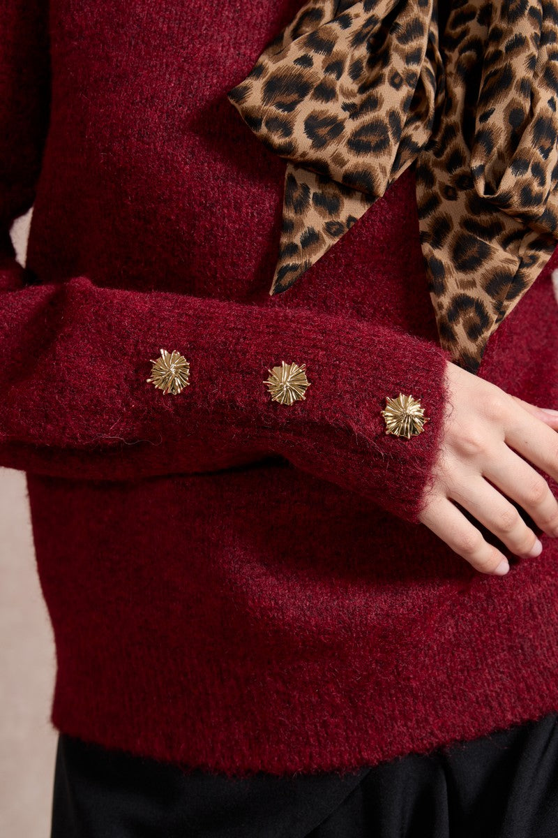 Michelle Knit with Animal Print Scarf and Gold Buttons - Red