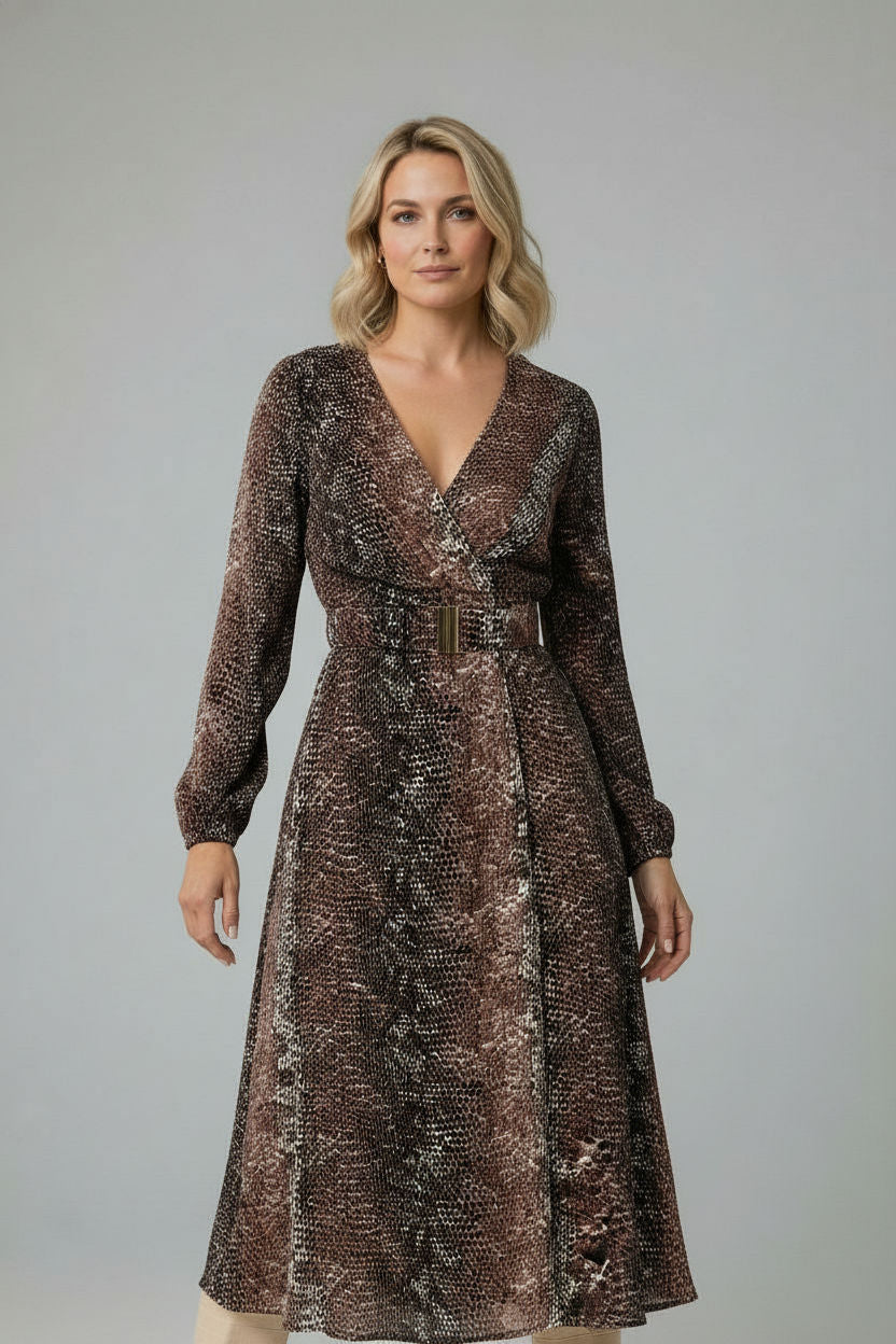 Tina Belted Printed Dress - Brown