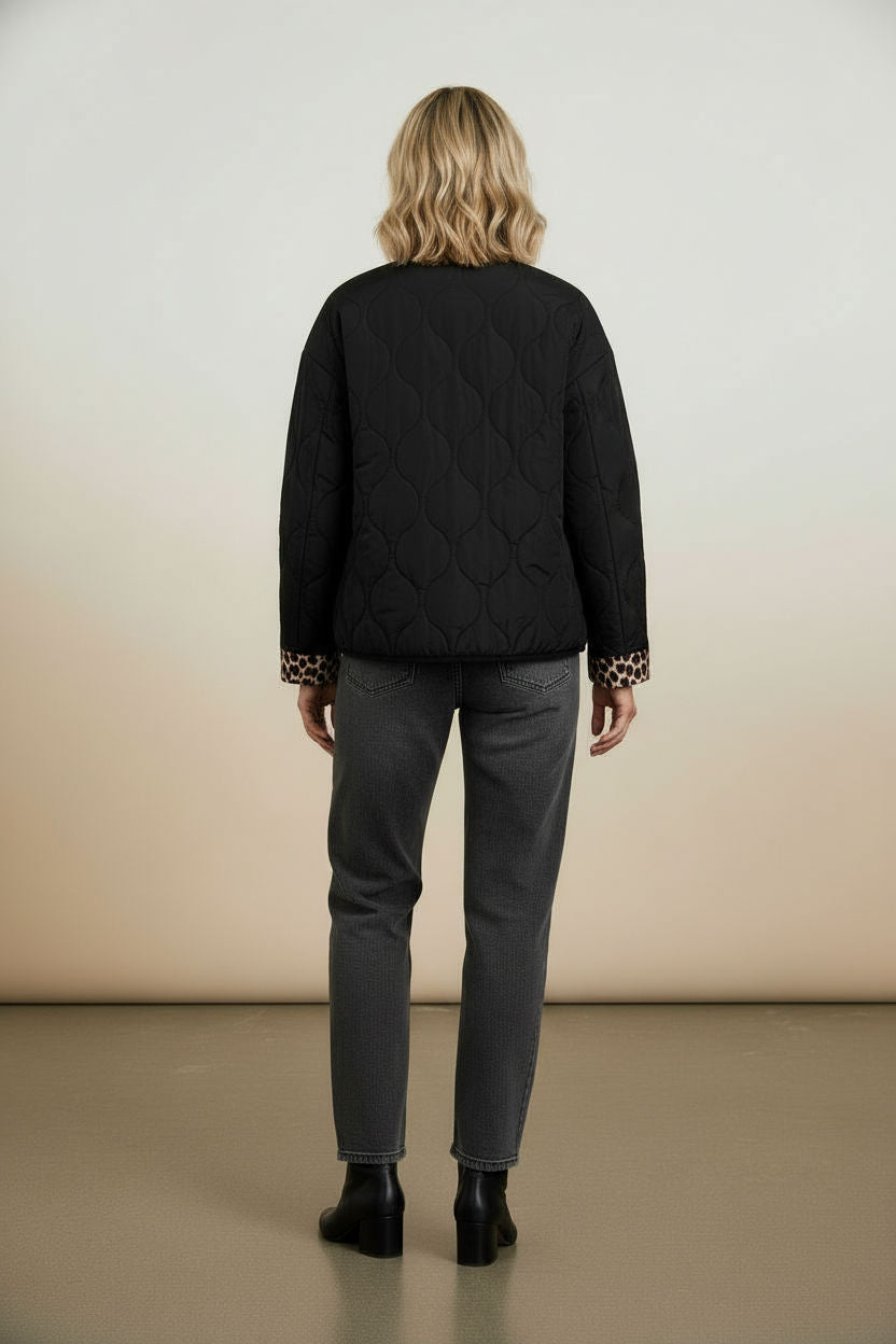 Emily Puffer Jacket with Pockets and Animal Print Details - Black