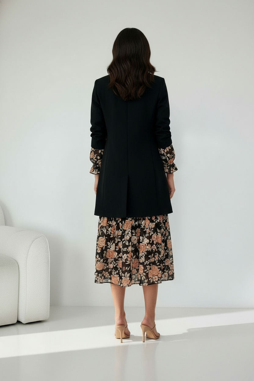 Annie Longline Blazer with Ruched Sleeves - Black