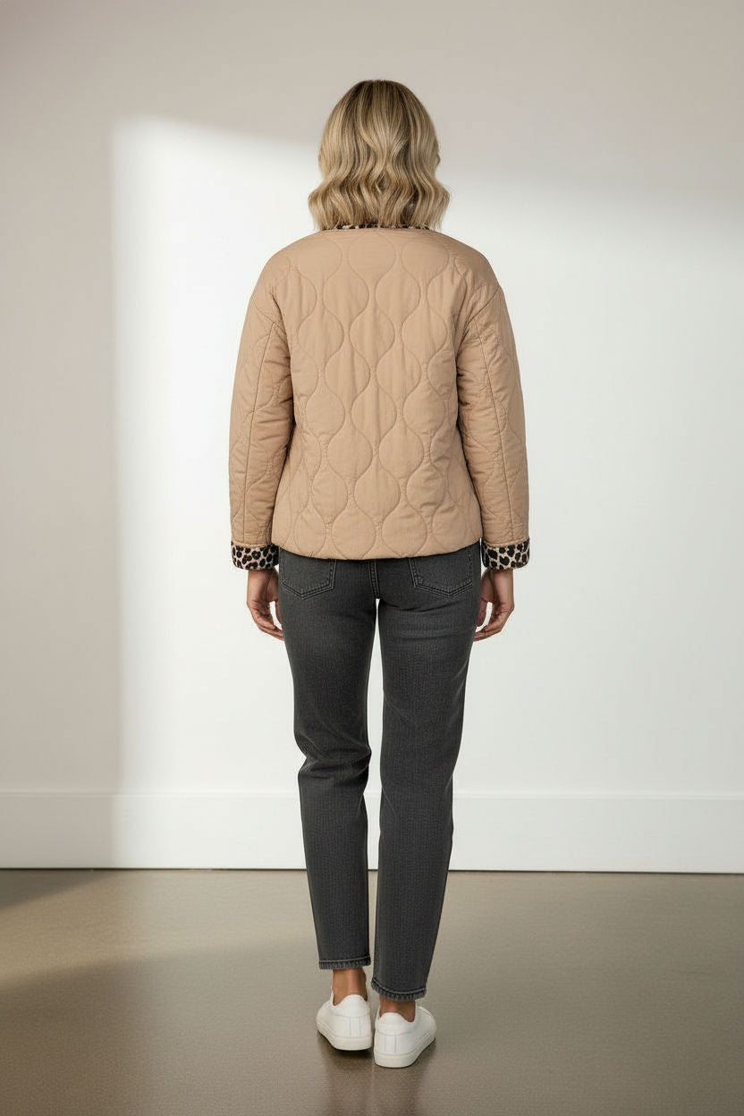 Emily Puffer Jacket with Pockets and Animal Print Details - Beige