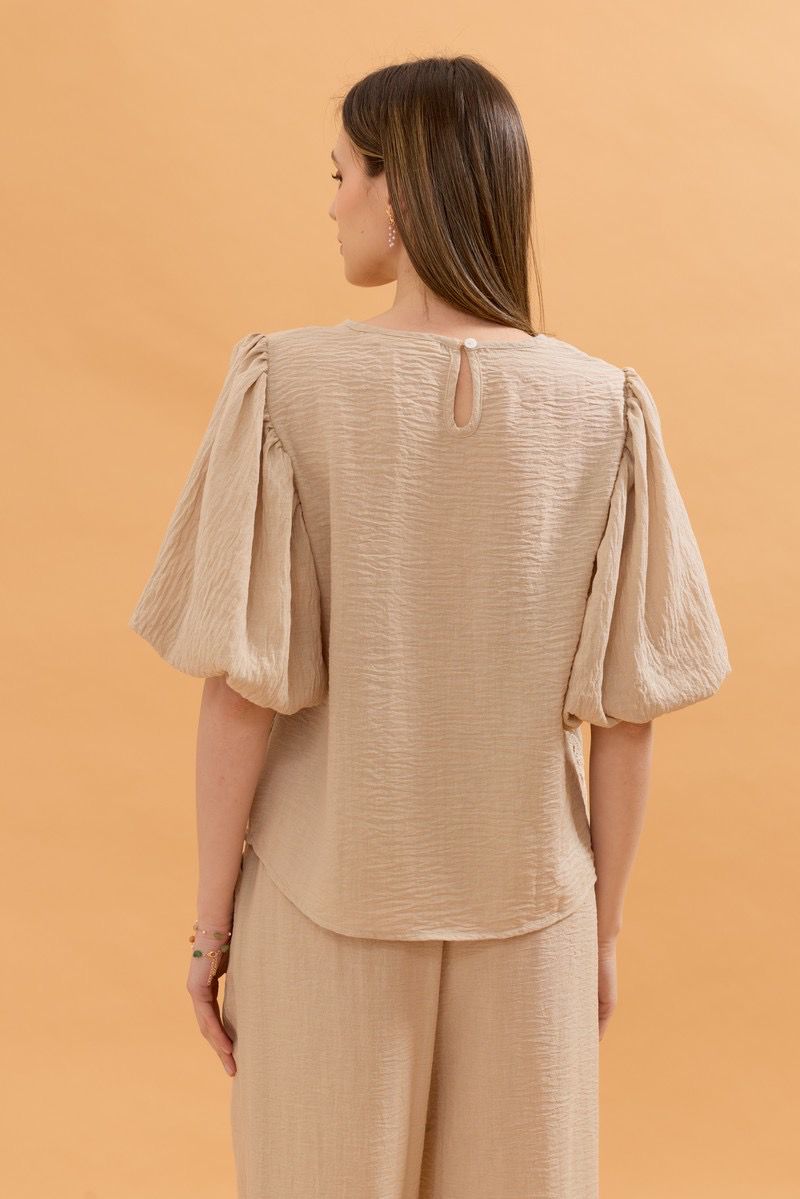 Nadine Balloon Sleeve Linen Top - Beige