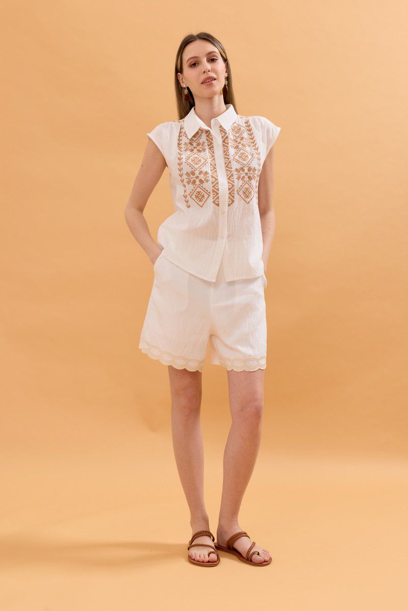 Maya Embroidered Button Up Shirt - Beige