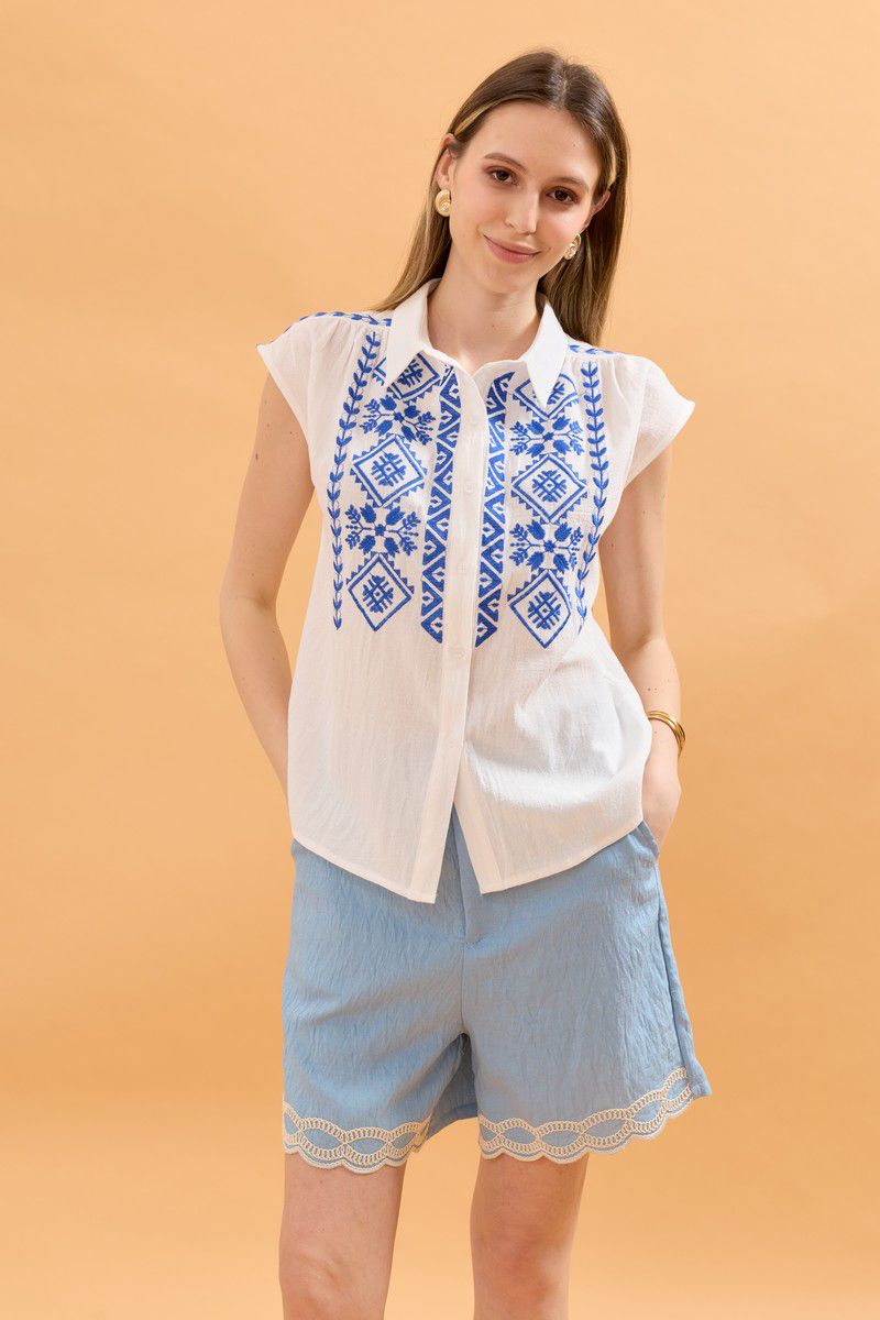 Maya Embroidered Button Up Shirt - White and Blue – Fridays Edit