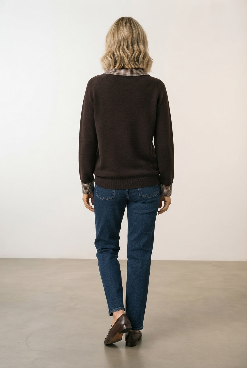 Vivian Check Collar and Cuff Sweater - Choco Brown