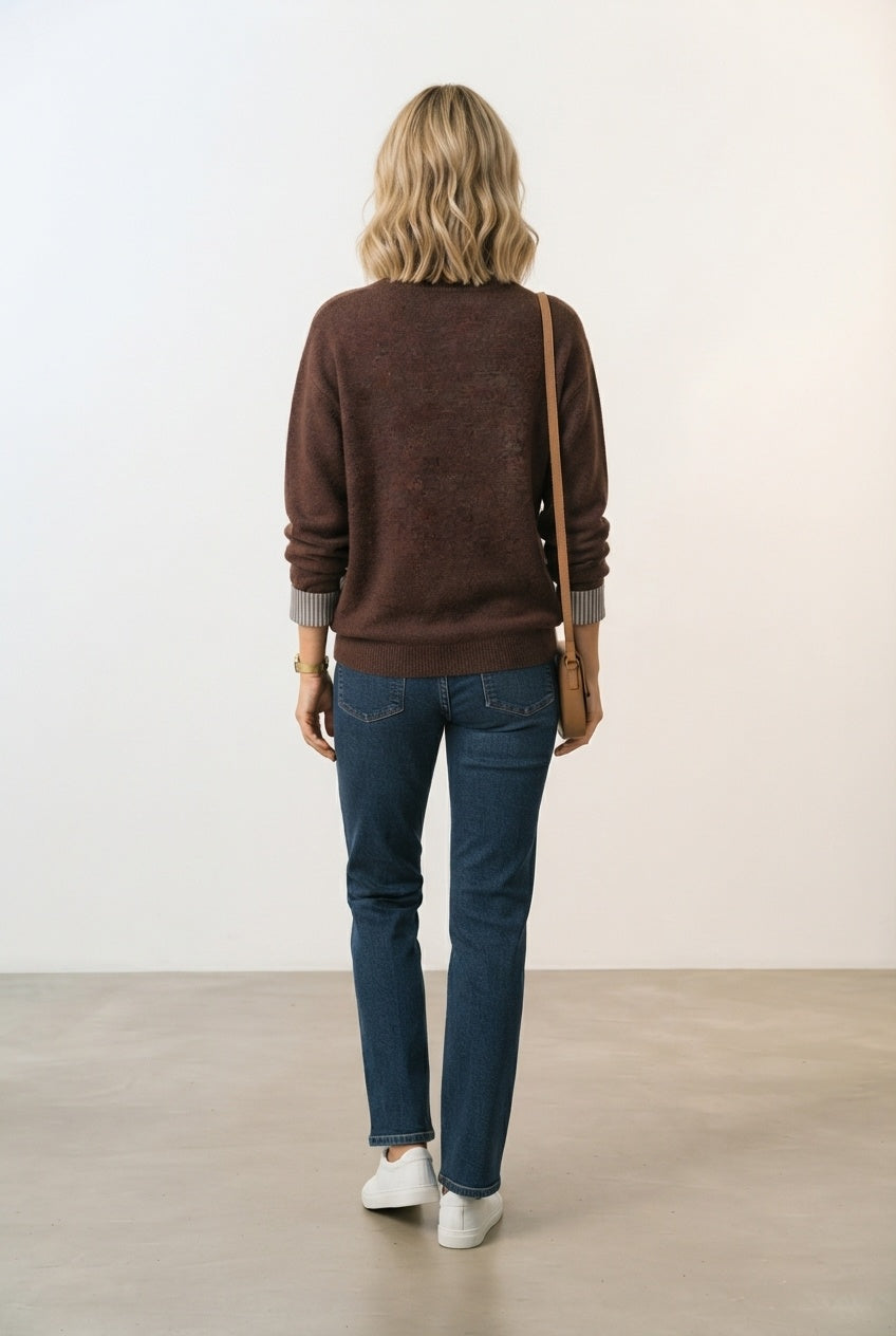 Aoife Knit Sweater with Check Prints - Choco Brown