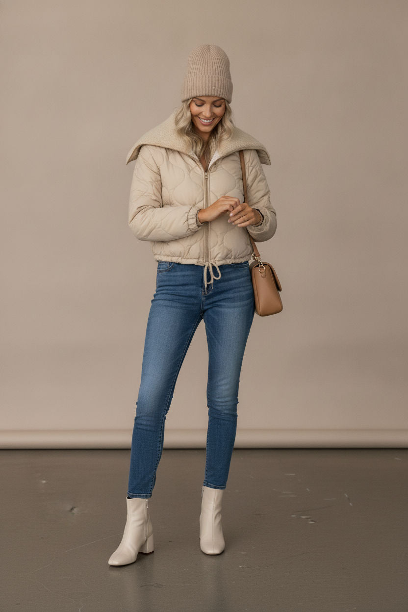 Tilly Cropped Puffer Jacket With Fur Lapel - Beige
