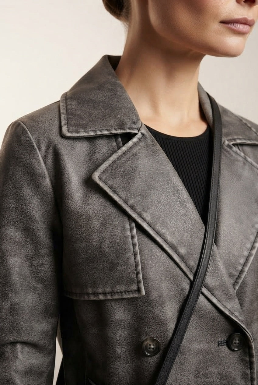 Ashley Faux Leather Maxi Trench Coat - Grey
