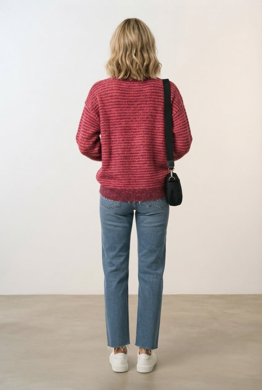 Liz Stripped Logo Knit Sweater - Burgundy