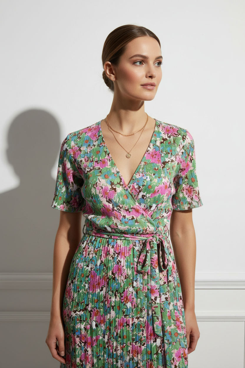 Joanne Floral Dress with Open Slit - Green