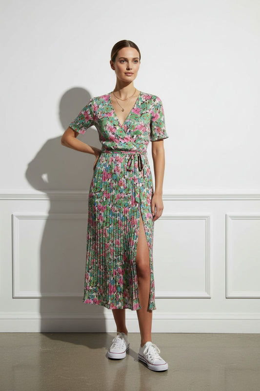 Joanne Floral Dress with Open Slit - Green