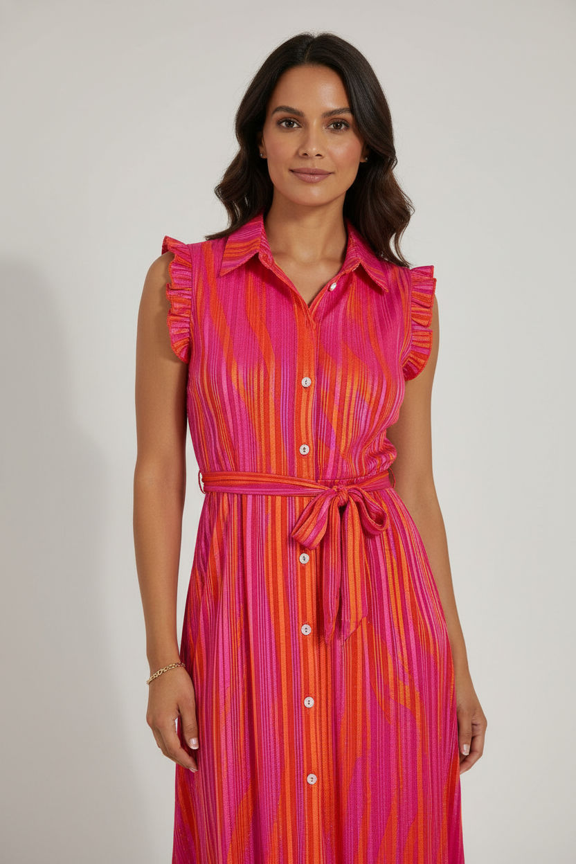 Bia Maxi Striped Dress with Frill details - Fuchsia