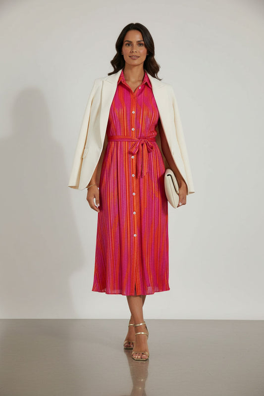 Bia Maxi Striped Dress with Frill details - Fuchsia