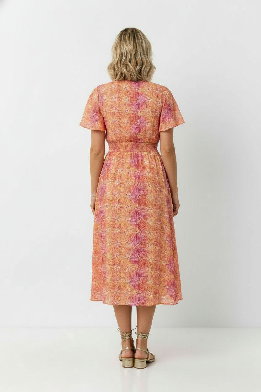 Mary Printed Maxi Dress with Elastic Waist - Orange and Pink