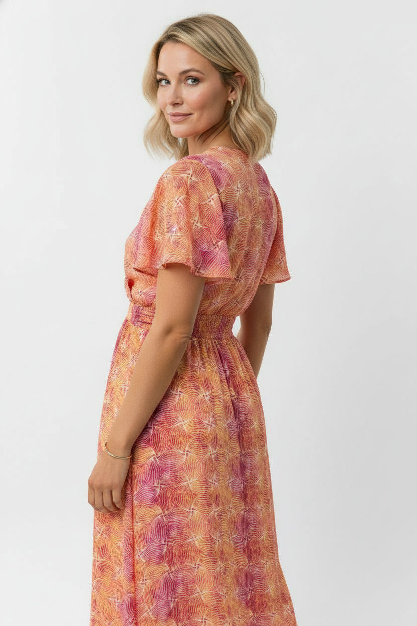 Mary Printed Maxi Dress with Elastic Waist - Orange and Pink