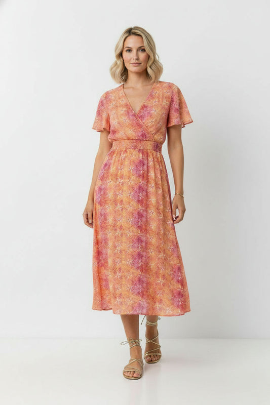 Mary Printed Maxi Dress with Elastic Waist - Orange and Pink