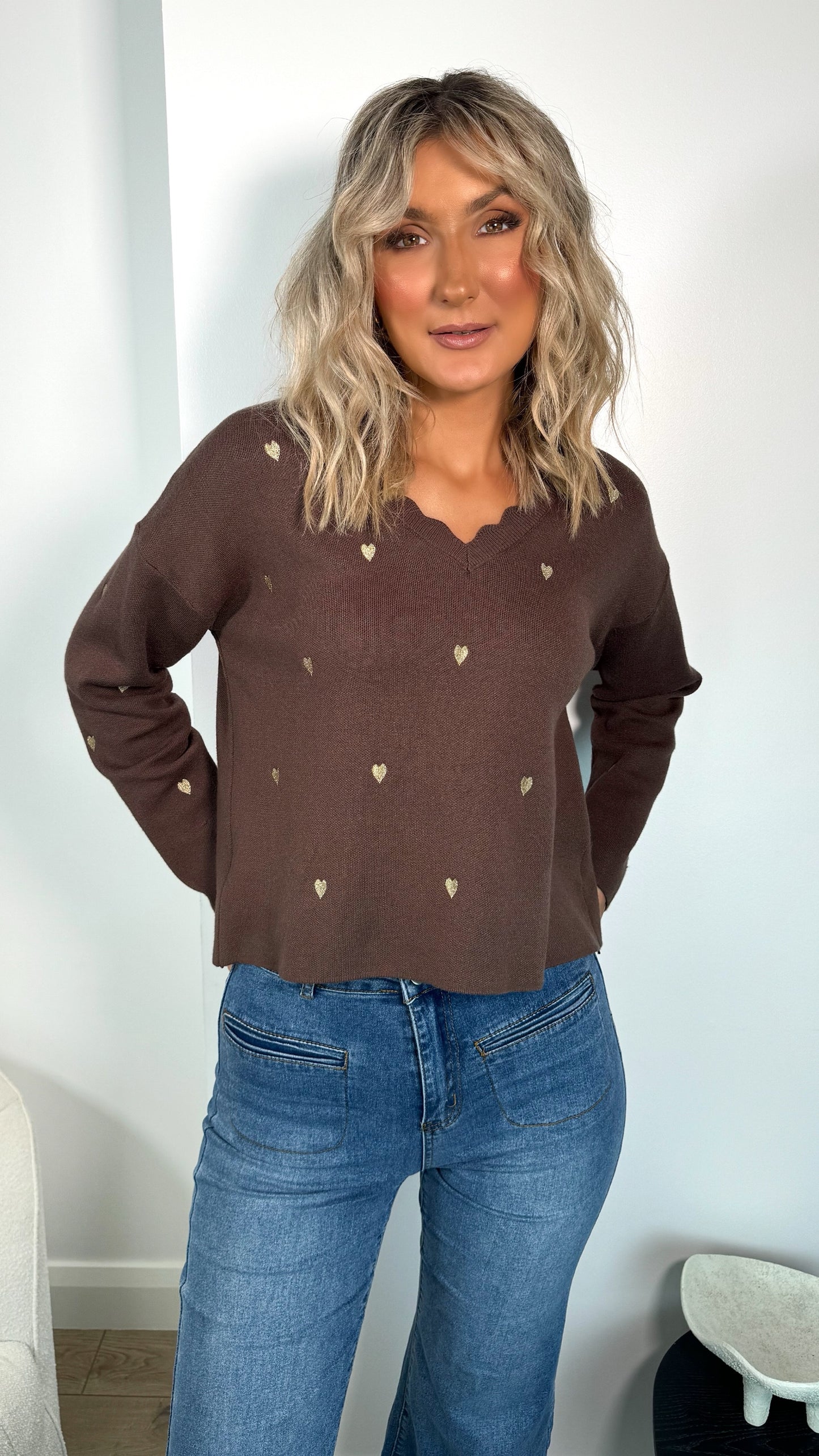 Sofia Heart Print Knit Top - Brown