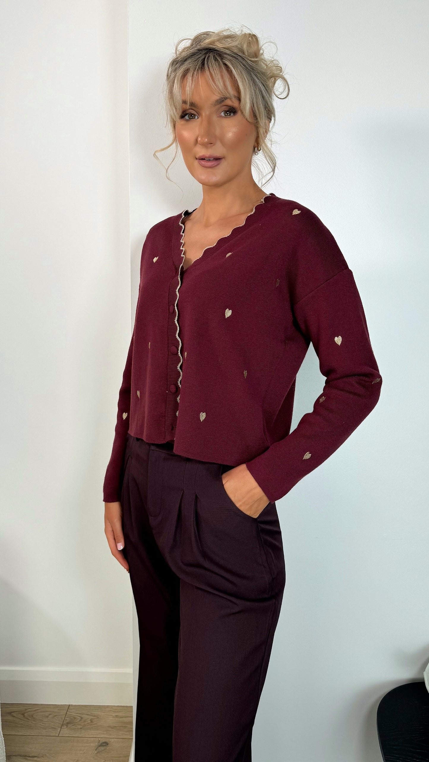 Olivia Heart Print Button Down Cardigan - Burgundy