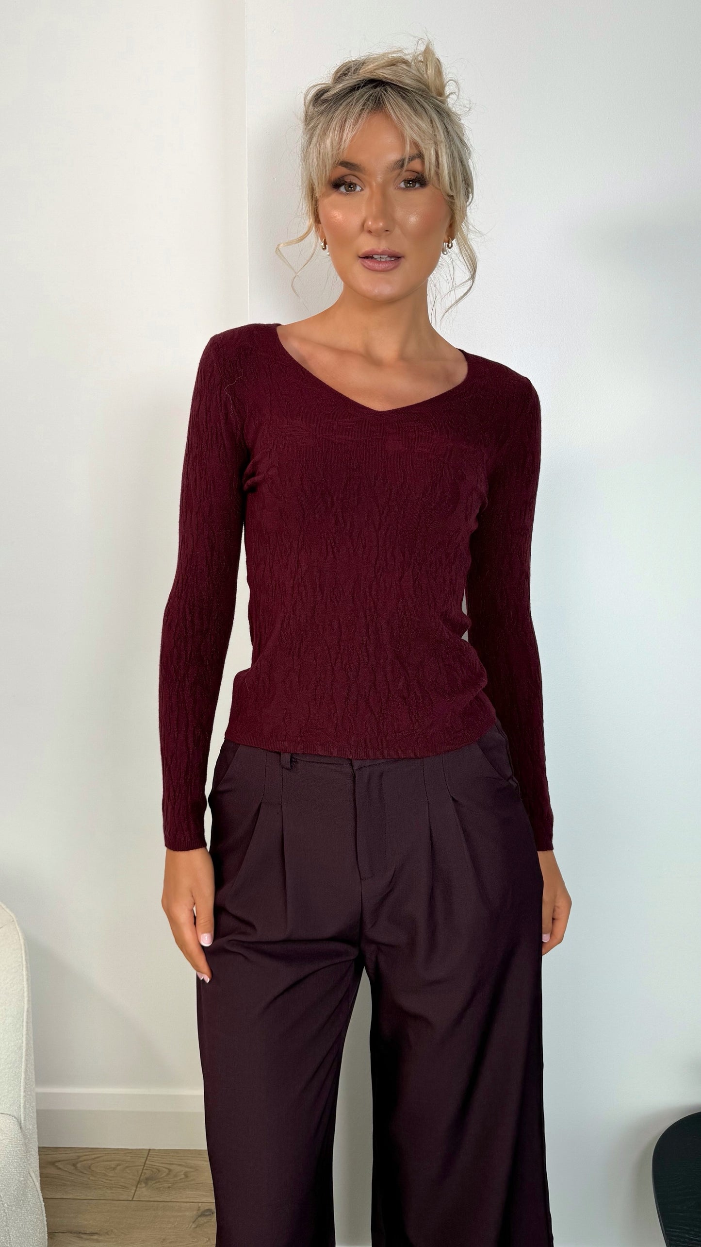 Anne Long Sleeved Pattern Top - Burgundy