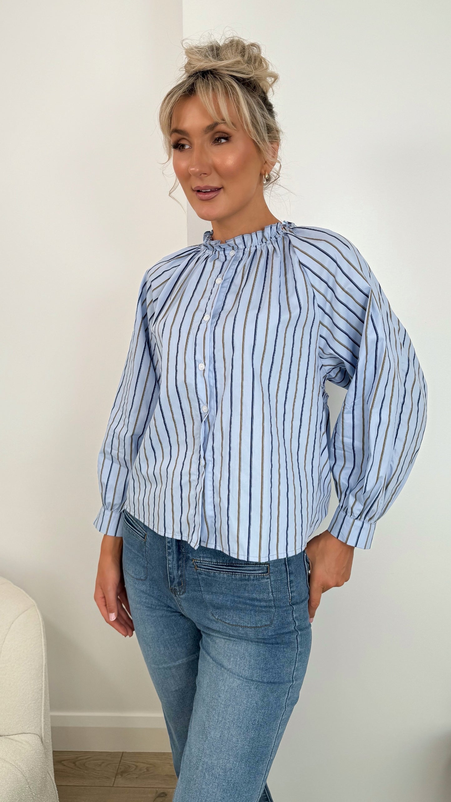 Pamela Striped Button Down Blouse - Blue