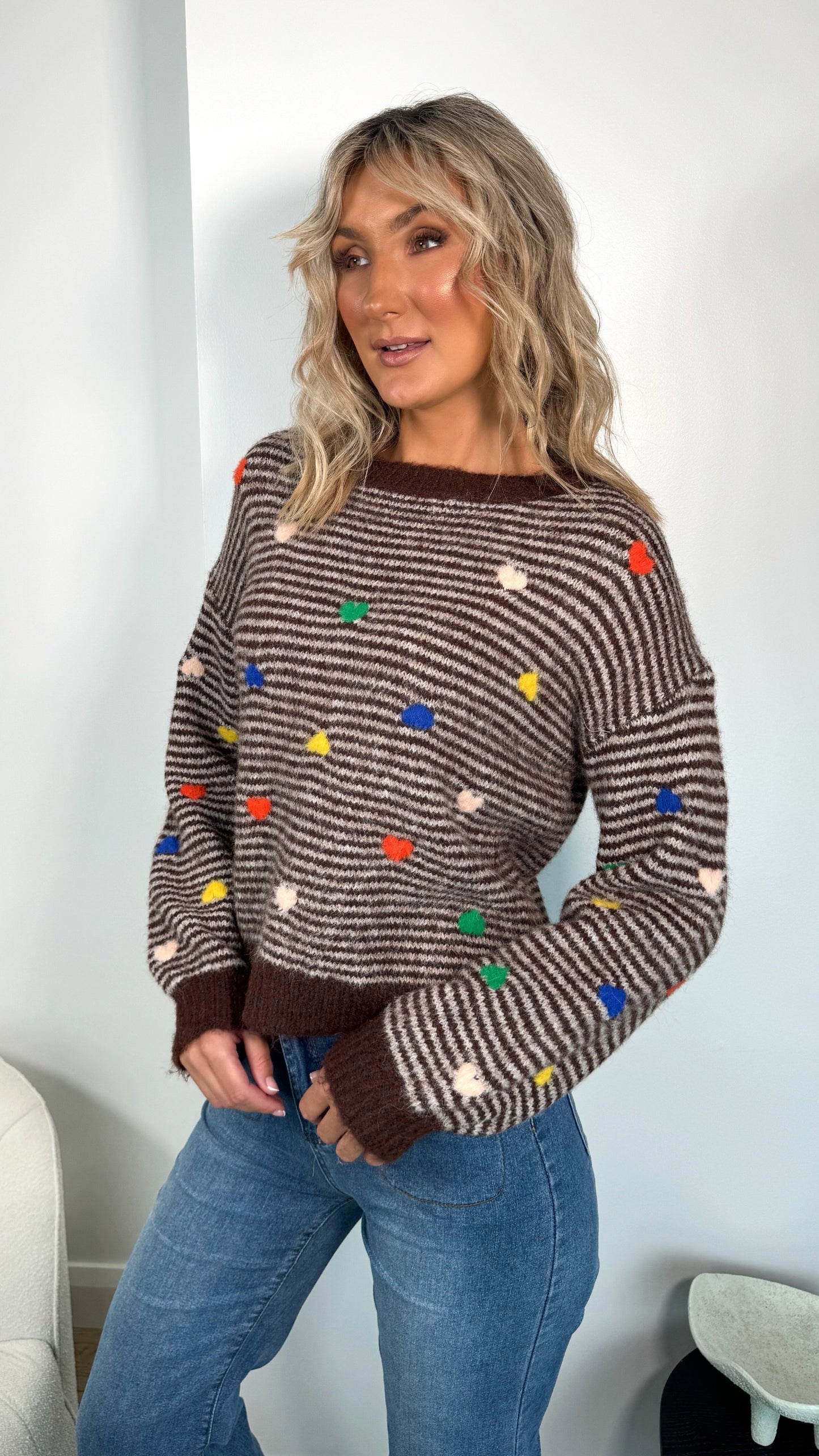 Helen heart print stripped jumper - Brown
