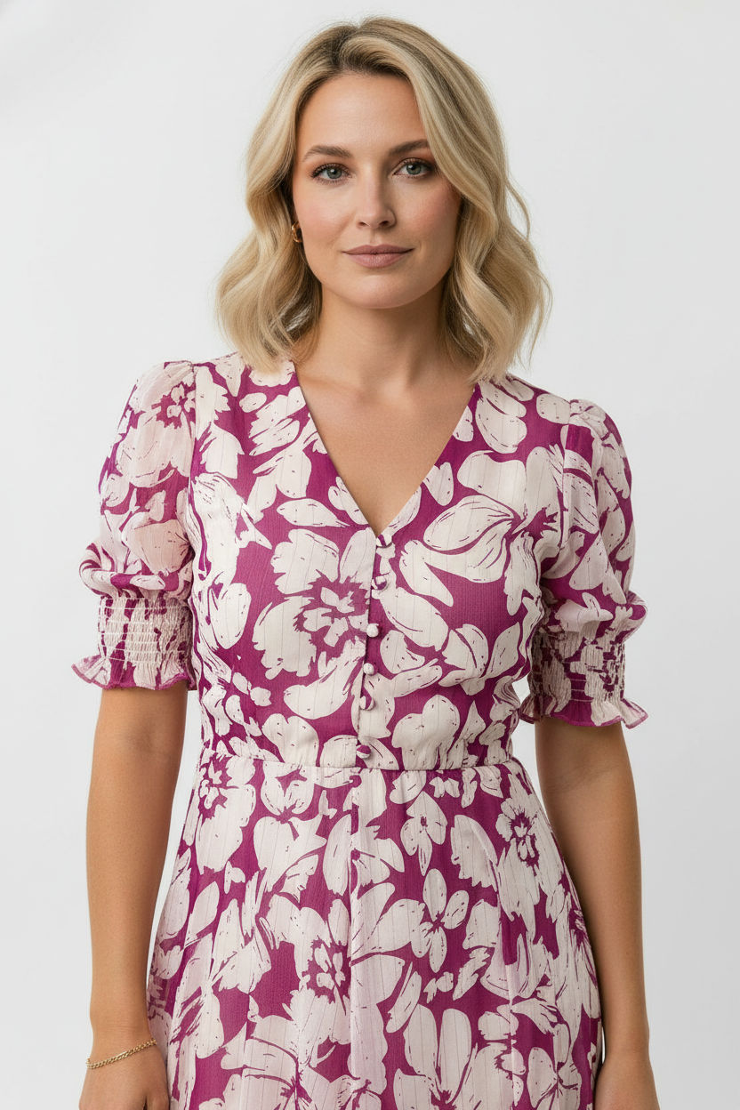 Gina Floral Dress with Button Details - Purple