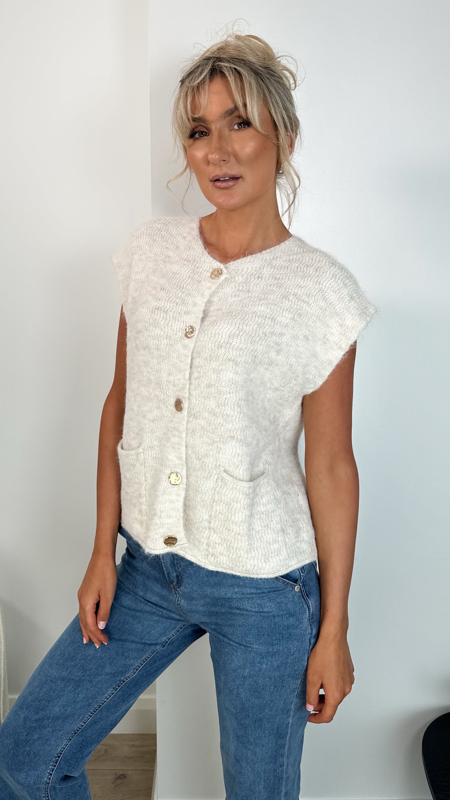 Lunna Sleeveless Button Down Cardigan with Front Pockets - Beige