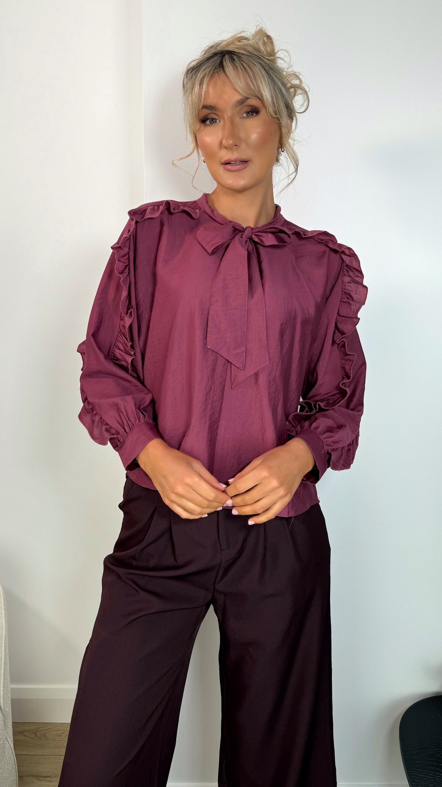 Norah Bowknot Blouse with Ruffle Sleeves - Burgundy