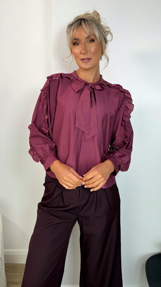 Norah Bowknot Blouse with Ruffle Sleeves - Burgundy