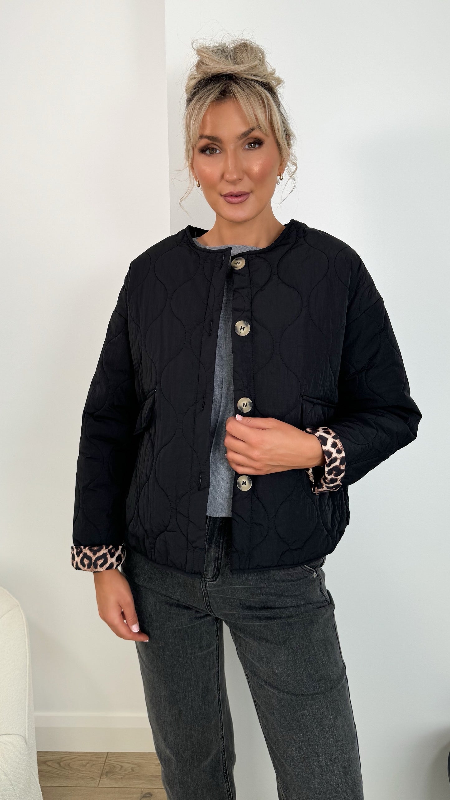 Emily Puffer Jacket with Pockets and Animal Print Details - Black