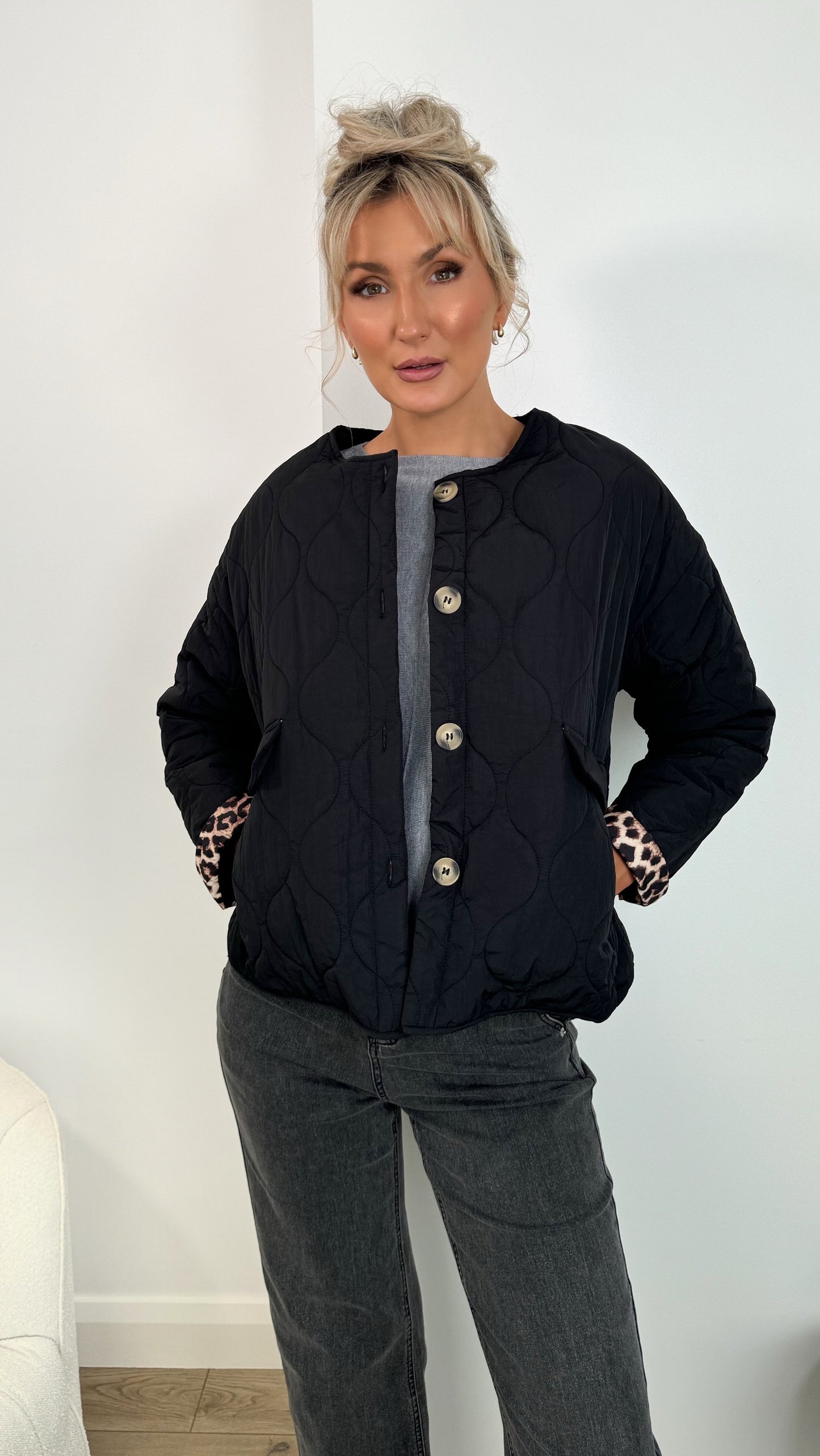 Emily Puffer Jacket with Pockets and Animal Print Details - Black